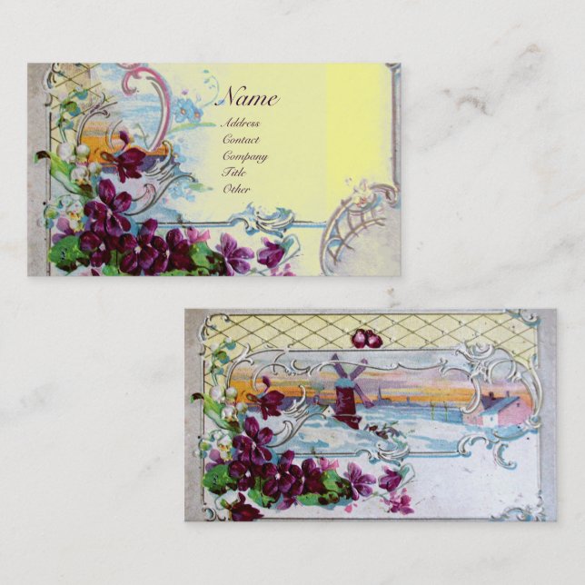Tarjeta De Visita Pansias RUMANTICAS, violetas, amarillo floral inve (Anverso / Reverso)