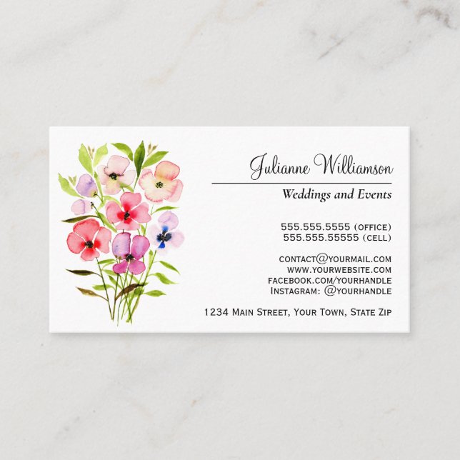 Tarjeta De Visita Pansies acuáticos Bouquet Simple Elegante (Anverso)
