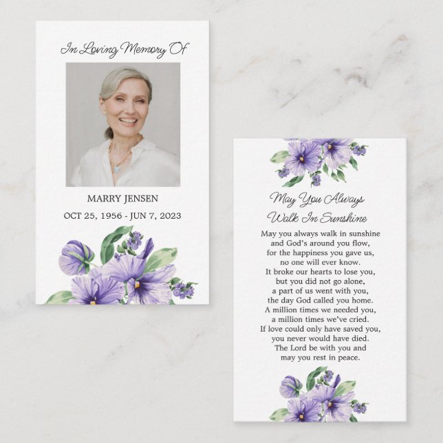 Tarjeta De Visita Pansy Memorial Photo Funeral Prayer Card (Anverso / Reverso)