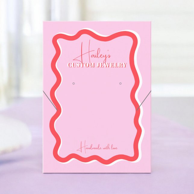Tarjeta De Visita Pantalla de joyería ondulada de curva roja rosa re (Retro pink red curve squiggle wavy jewelry display business card)