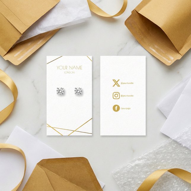 Tarjeta De Visita Pantalla simple de auriculares en miniatura de oro (Simple gold geometric miniature earring display business card.)