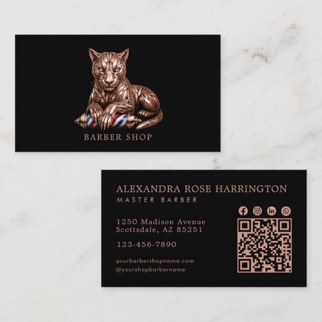 Tarjeta De Visita Pantera de Rosa de Oro Barbería Código Qr Peluquer (Anverso / Reverso)