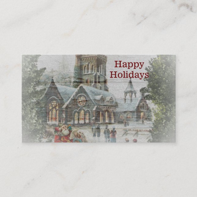 Tarjeta De Visita Papá Noel de antaño con niños frente a una iglesia (Anverso)