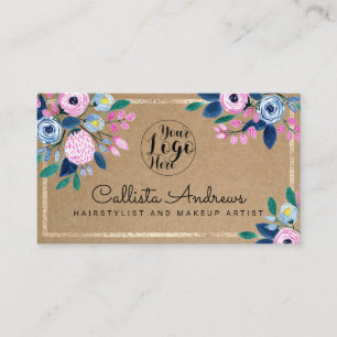 Tarjeta De Visita Papel de Kraft azul azul rosa floral dorado