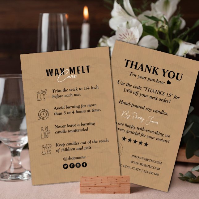 Tarjeta De Visita Papel de Kraft para el cuidado de las velas | Logo (Care Instructions Templates #instruction #WaxMeltSafetyBusinessCard)