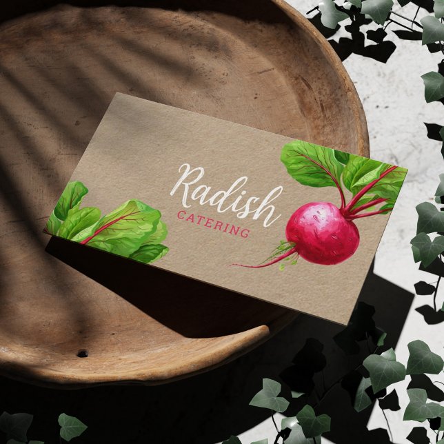 Tarjeta De Visita Papel Kraft para verduras nutricionistas de person (Vibrant watercolor radishes on a kraft  cardboard paper business card for nutritionist or caterer.)