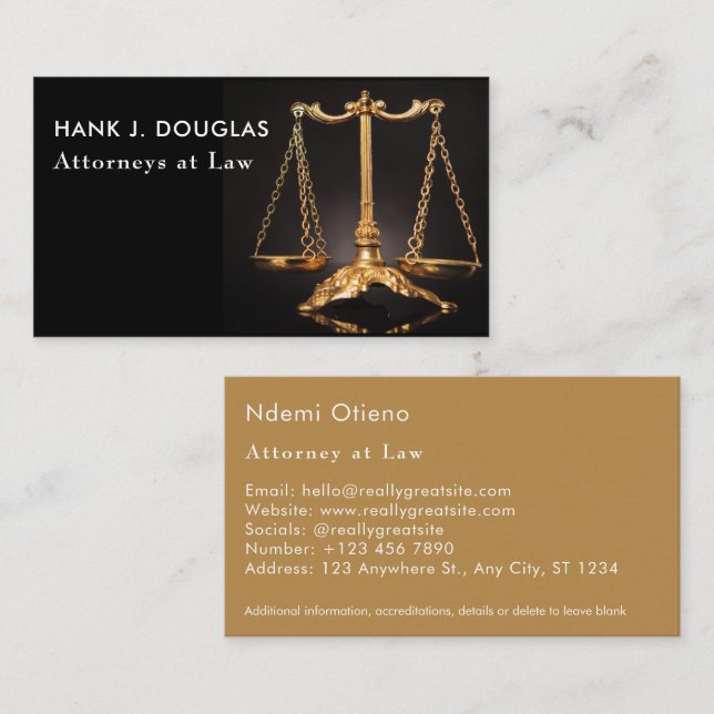 Tarjeta de visita para abogados de moda dorados y  (Anverso / Reverso)