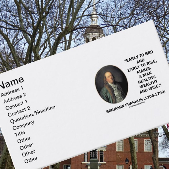 Tarjeta De Visita Para acostar temprano temprano para subir cita de (Business card featuring Benjamin Franklin's timeless quote for any early bird person)