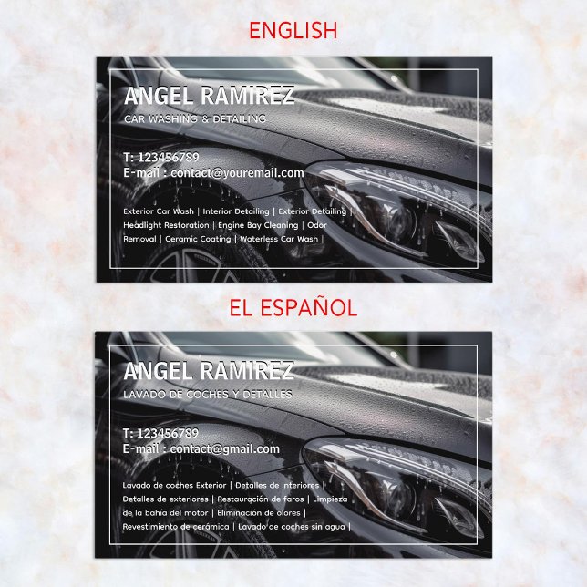 Tarjeta de visita para España Bilingüe Detector de (Car Detailing Bilingual Spanish Business Cards)