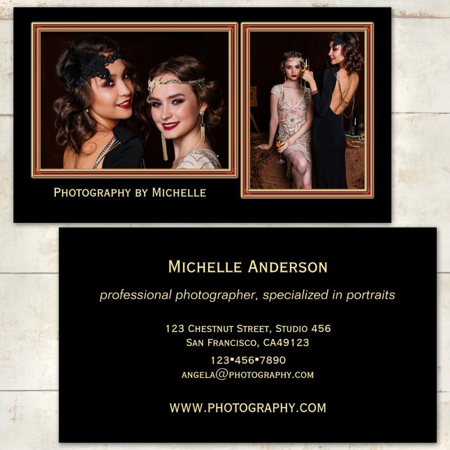 Tarjeta de visita para fotógrafo negro de moda (Photographer business card featuring your photos framed by a rose gold lining on black )