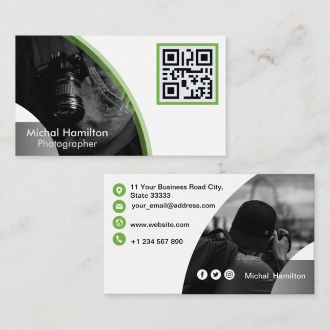 Tarjeta de visita para fotógrafo verde moderno (Anverso / Reverso)