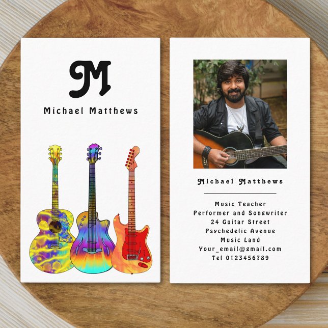 Tarjeta de visita para Personalizado de guitarra m (Modern retro guitar music teacher professional musician photo black and white simple Business card )
