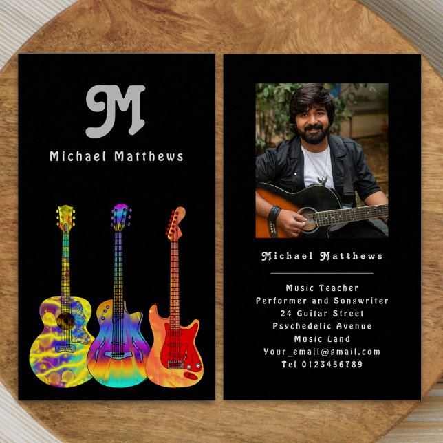 Tarjeta de visita para Personalizado de guitarra m (Retro modern guitar music teacher professional musician photo Business card Colorful guitar art)