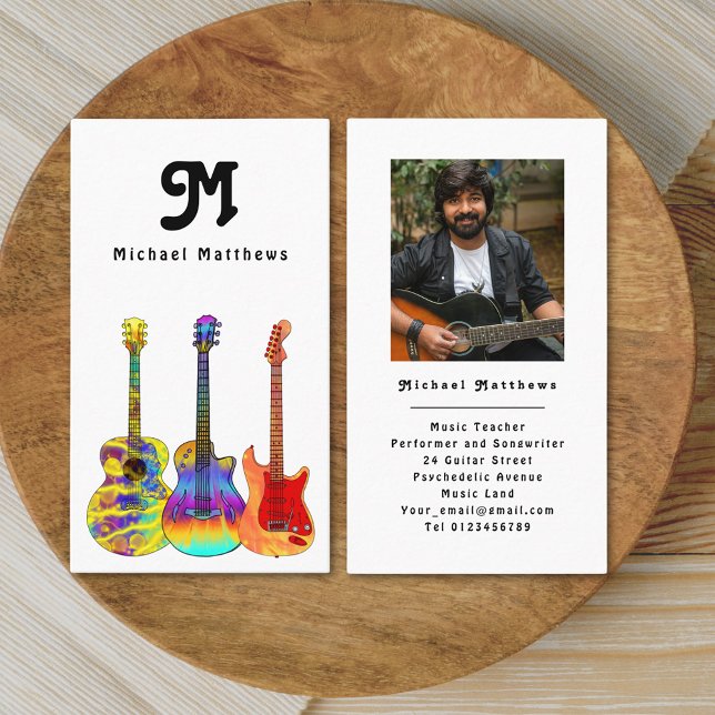 Tarjeta de visita para Personalizado de guitarra m (Guitar teacher custom photo business card with groovy typography and trendy psychedelic guitars )