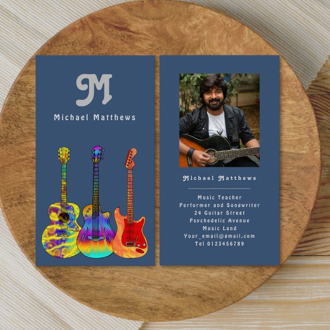 Tarjeta de visita para Personalizado de guitarra m (Retro guitar music teacher custom photo business card)