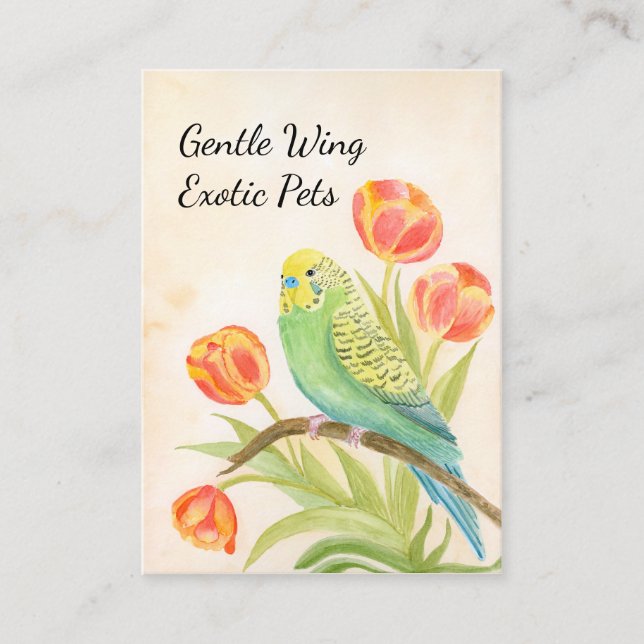 Tarjeta De Visita Parakeet with Tulips Exotic Pets (Anverso)