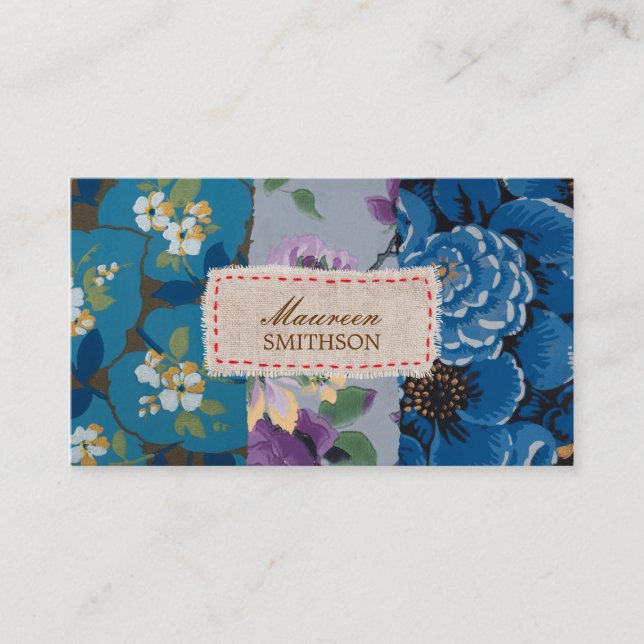Tarjeta De Visita Parche de tela floral (azul) personalizado (Anverso)