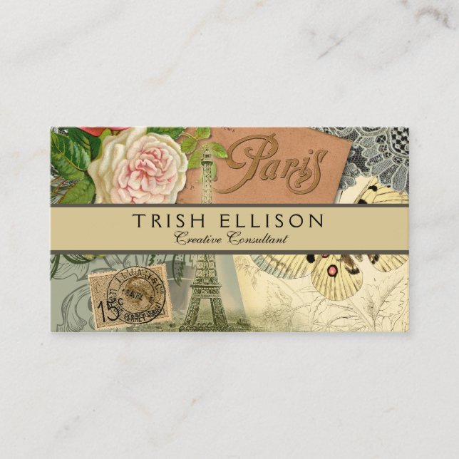 Tarjeta De Visita París Francia Collage de arte antiguo Eiffel Franc (Anverso)