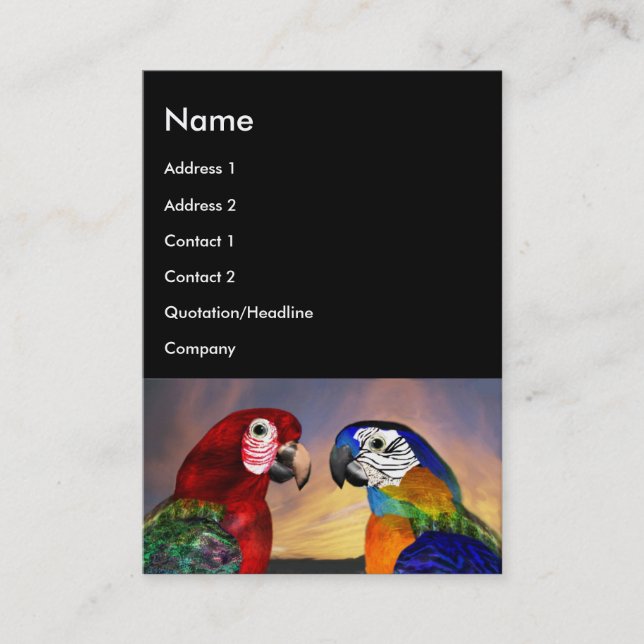 Tarjeta De Visita PARROS HIPEROS / ARA ROJO Y AZUL ,negro (Anverso)