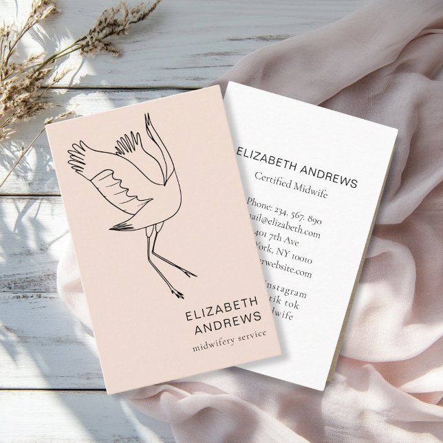 Tarjeta De Visita Partera, Storch, Beige-Brown (Modern, beige-brown business card. Line Art Illustration, Storch. For childcare, midwives and more.)