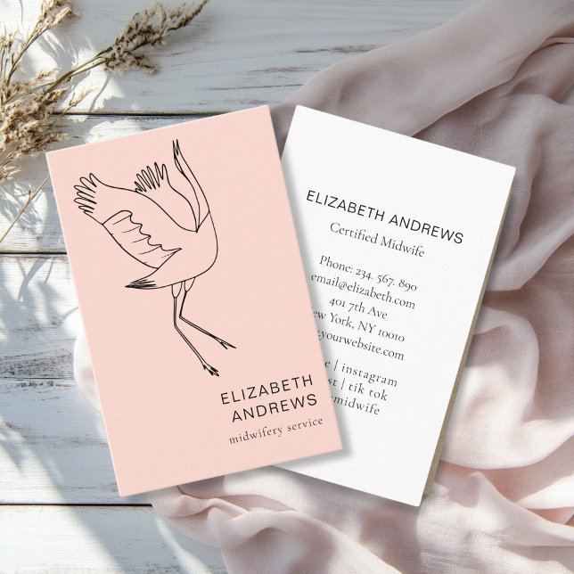Tarjeta De Visita Partera, Storch, Peach-Rubor (Modern, peach-blush business card. Line Art Illustration, Storch. For childcare, midwives and more.)