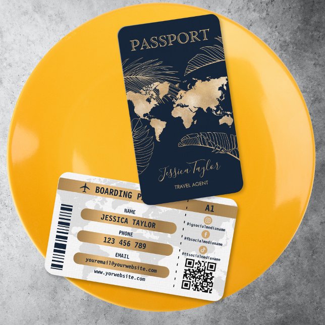 Tarjeta De Visita Pasaporte Agencia de Viajes Pase de Embarque Mapa  (passport like business cardm gold world map on navy background and gold tropical leaves)
