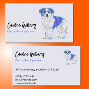 Tarjeta De Visita Paseador de perros con dibujo azul moderno cuidado