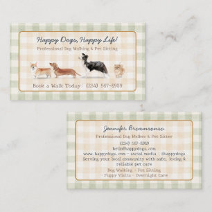 Tarjeta De Visita Paseador de perros de cuadros marrón Sage Cuidado