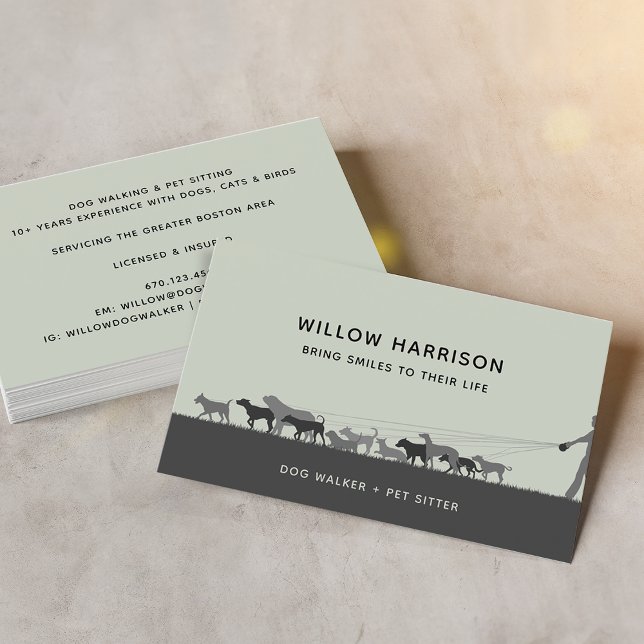 Tarjeta De Visita Paseo de Perros con Silueta Moderna (Modern Silhouette Dog Walking dusty green Business Card)