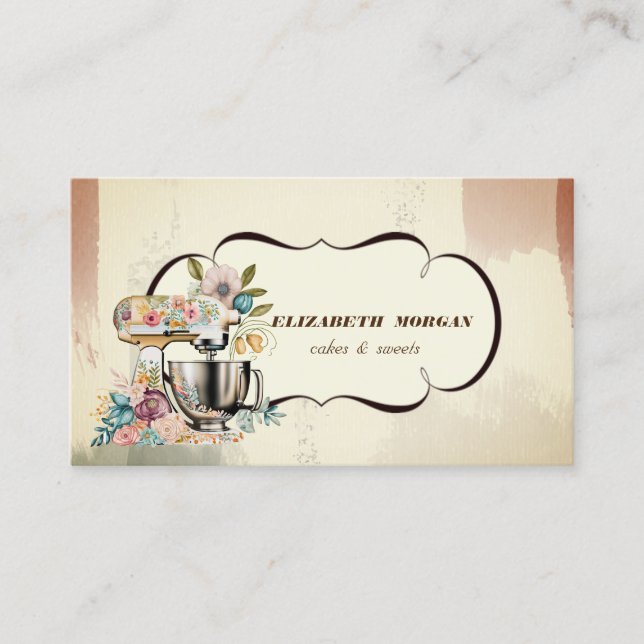 Tarjeta De Visita Pasta del mezclador retro floral de acuarela (Anverso)