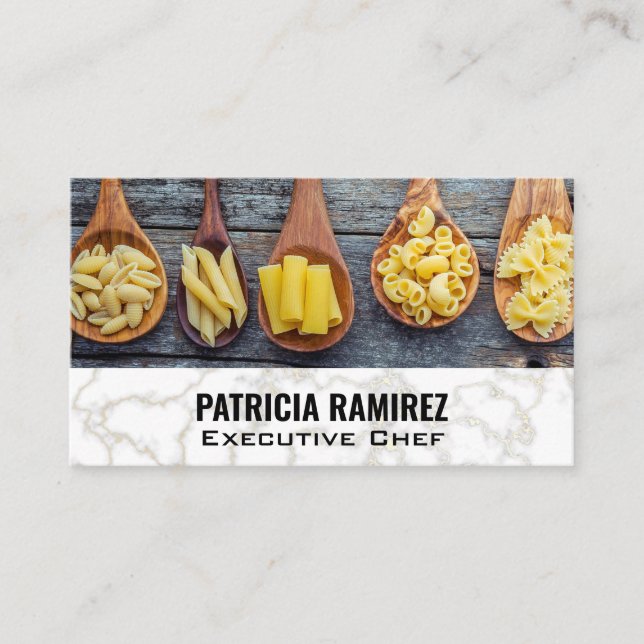 Tarjeta De Visita Pasta variada en cucharas de madera | Mármol (Anverso)
