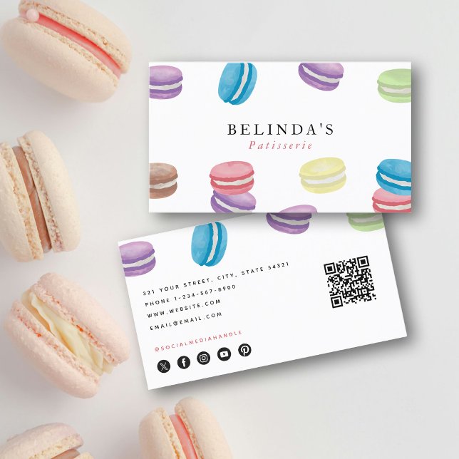 Tarjeta De Visita Pastel acuarela Macarons Pastel Chef QR Código (Pastel Watercolor Macarons Pastry Chef QR Code Business Card)