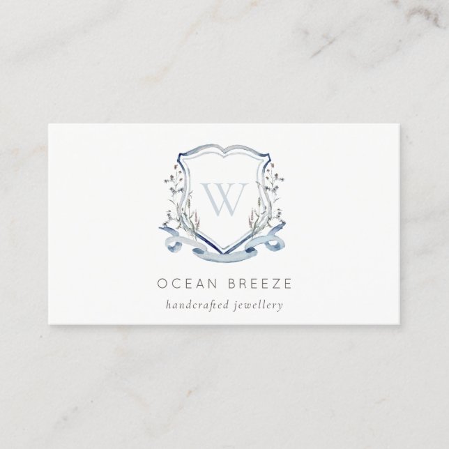 Tarjeta De Visita Pastel Azul Flor silvestre Escudo Monograma (Anverso)