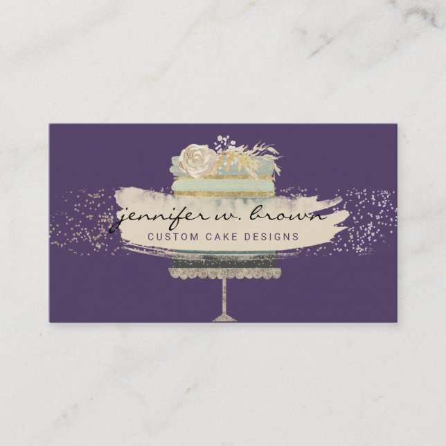 Tarjeta De Visita Pastel de Boda brillante de fondo morado (Anverso)