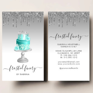 Tarjeta De Visita Pastel de Boda Brillo Goteo Plata Turquesa Panader