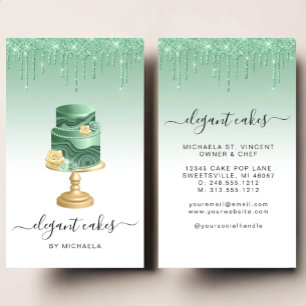 Tarjeta De Visita Pastel de Boda Brillo Goteo Verde Menta Panadería