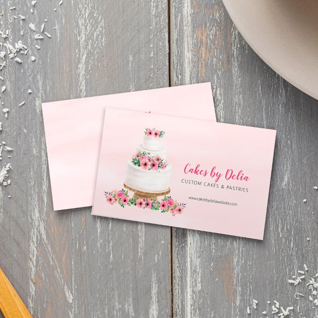 Tarjeta De Visita Pastel de Boda de acuarela rosa (Pink Watercolor Wedding Cake Business Card)