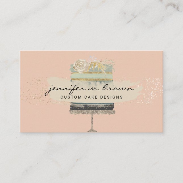 Tarjeta De Visita Pastel de Boda verde brillante con fondo rosado (Anverso)