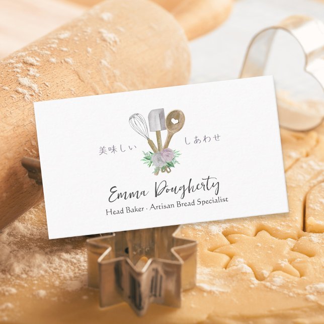 Tarjeta De Visita Pastel de Chef Baking Utensil Dusty Rosa Floral (Subido por el creador)