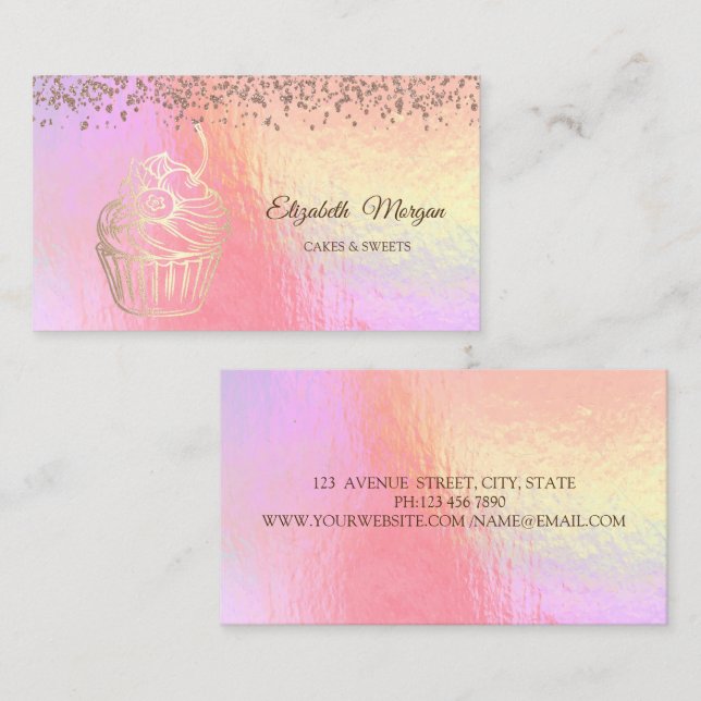 Tarjeta De Visita Pastel de oro, dulces, panadería Holográfica (Anverso / Reverso)