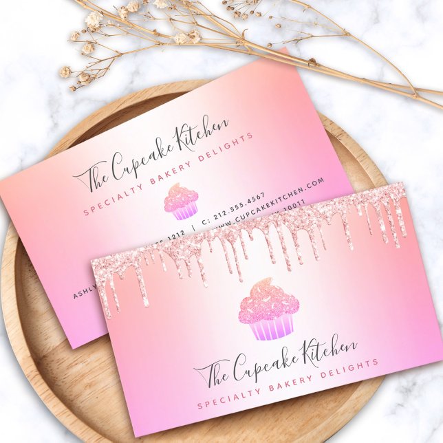 Tarjeta De Visita Pastel de panadería Chef Purpurina rosa goteo arco (Subido por el creador)