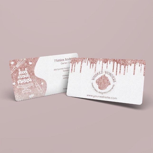 Tarjeta De Visita Pastel de pastelería Pastelería Purpurina Dris Ros (Pastry Cake Bakery Glitter Rose Gold Pink Drips Business Card)