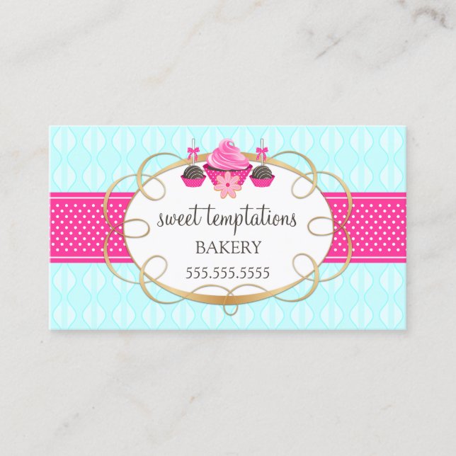 Tarjeta De Visita Pastel de torta y copas de pasteles Aqua Pink (Anverso)