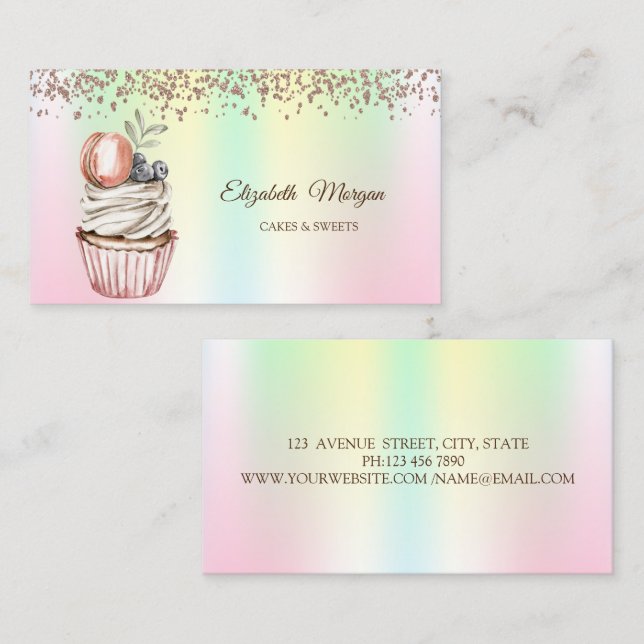 Tarjeta De Visita Pastel elegante moderno, dulces, holográfico macar (Anverso / Reverso)