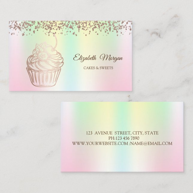 Tarjeta De Visita Pastel elegante moderno, dulces, panadería Holográ (Anverso / Reverso)