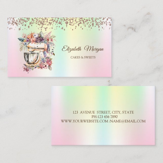 Tarjeta De Visita Pastel elegante moderno, dulces, panadería Holográ (Anverso / Reverso)