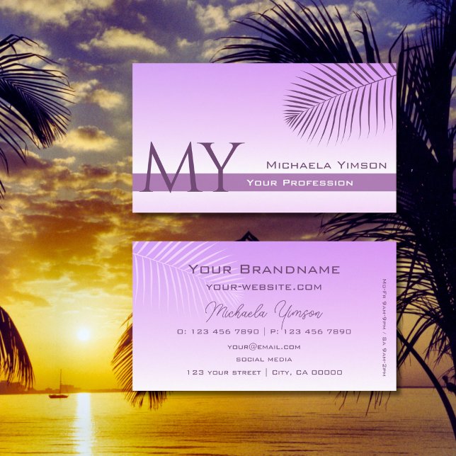 Tarjeta De Visita Pastel Gradiente Lilac Gradiente Palm Leaf Monogra (Subido por el creador)