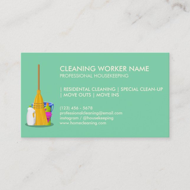 Tarjeta De Visita Pastel Green Clean Service Housekeeper Janitorial (Anverso)