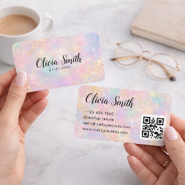 Tarjeta De Visita Pastel Marble Script Name and Gold Accents QR Code