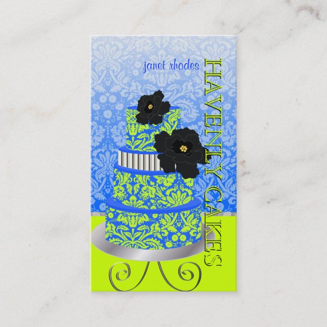 Tarjeta De Visita Pastel/pastelería de damasco azul y verde de PixDe (Anverso)